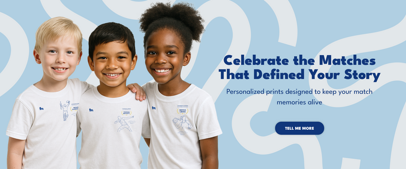 Three children wearing matching shirts with a promotional message on a blue background celebrated with TeeMemento, showcasing one of the brilliant designs