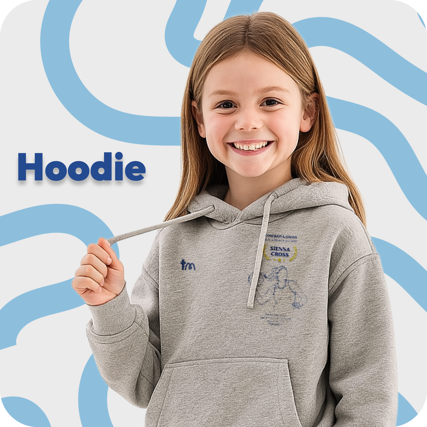 Young girl wearing a gray hoodie with a logo against a light blue and white background celebrated with TeeMemento, showcasing one of the brilliant designs