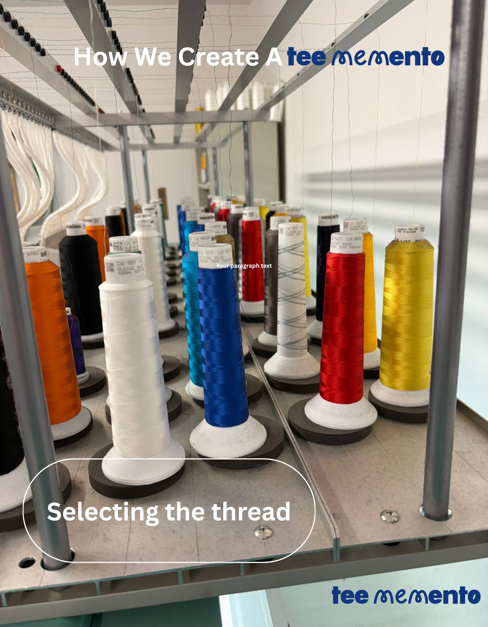 Spools of thread on a rack with 'tee memento' branding, indicating a textile or manufacturing setting getting to read to complete a TeeMemento product order