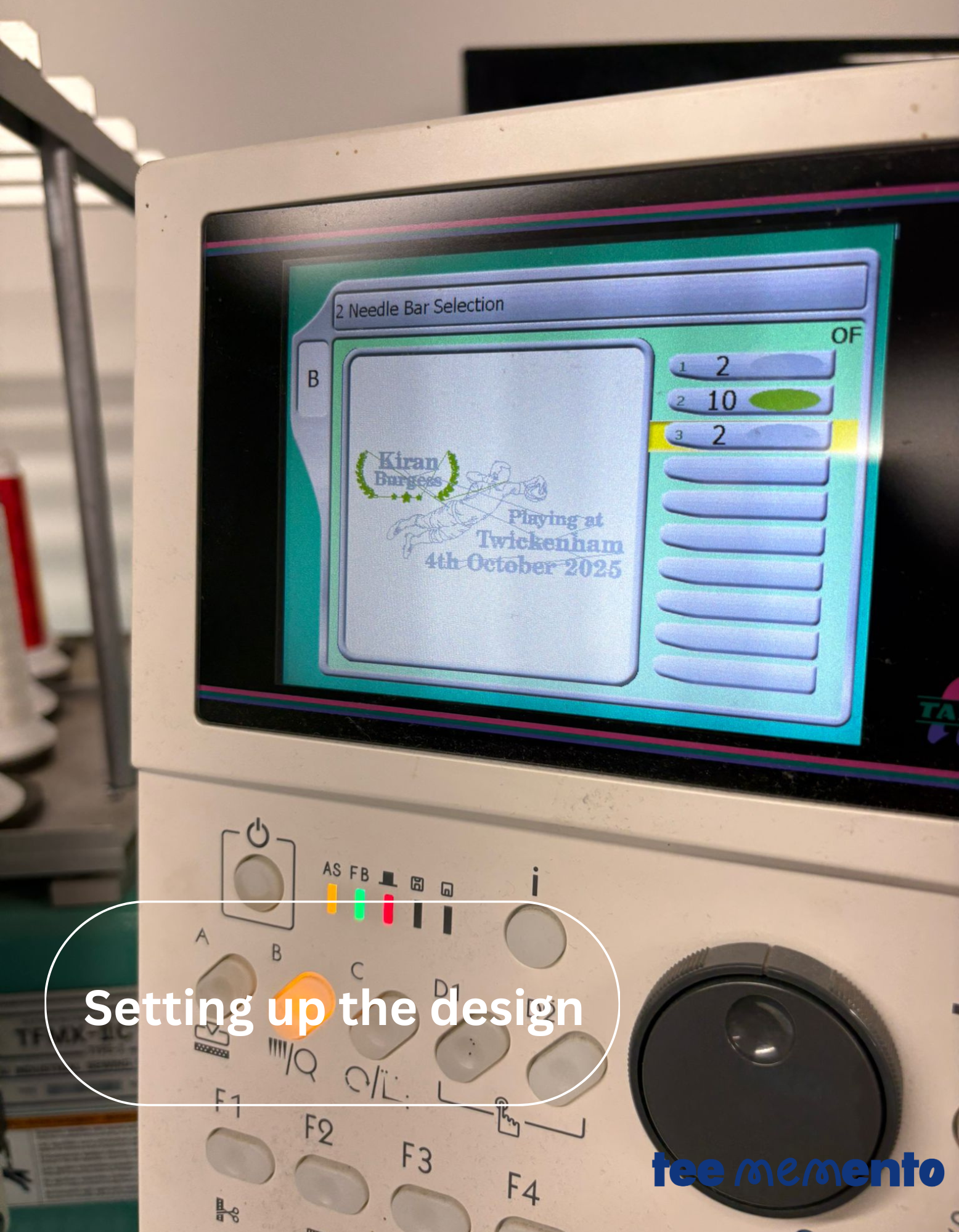 Machine with a screen displaying design settings in an indoor setting getting ready to complete a TeeMemento product order