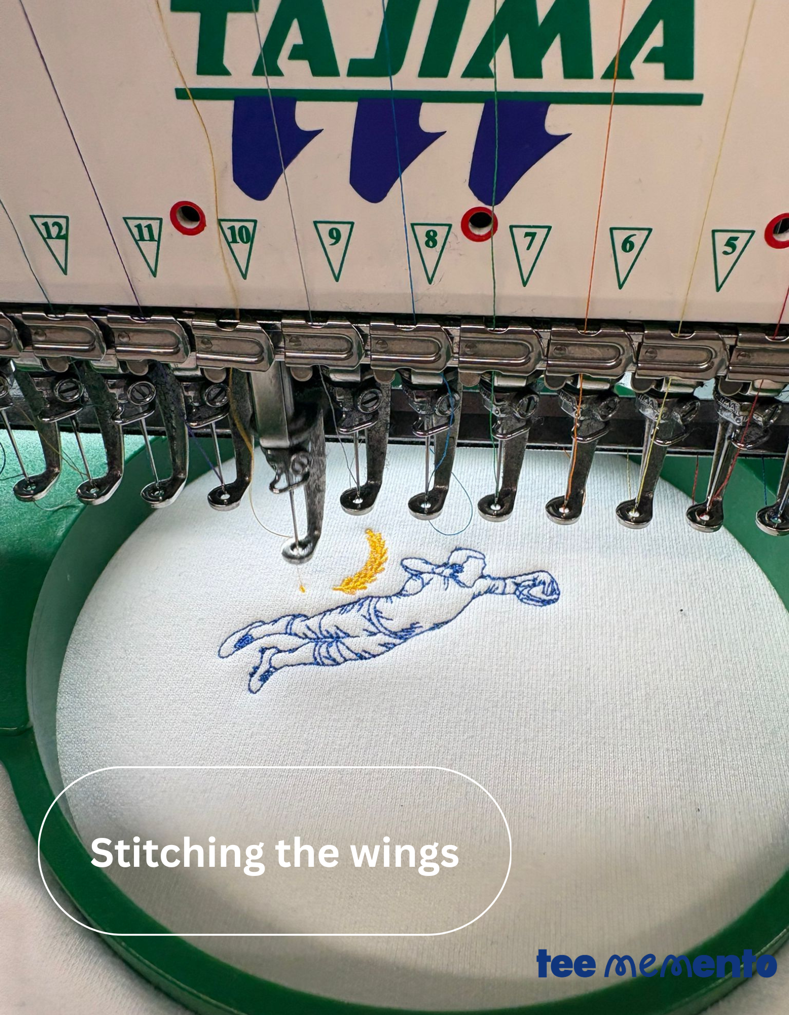 Embroidery machine in action completing a TeeMemento product order