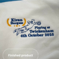 Embroidered design on a white fabric with text 'Kiran Burgess Playing at Twickenham 4th October 2025' and 'TeeMemento' branding.