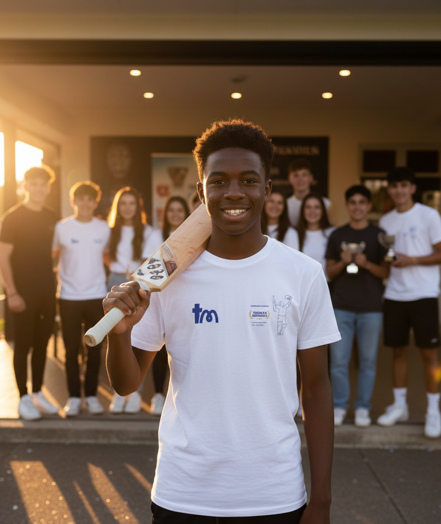 Person holding a cricket bat with a group of people in the background wearing a teememento t-shirt