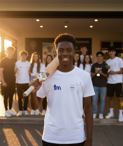 Person holding a cricket bat with a group of people in the background wearing a teememento t-shirt
