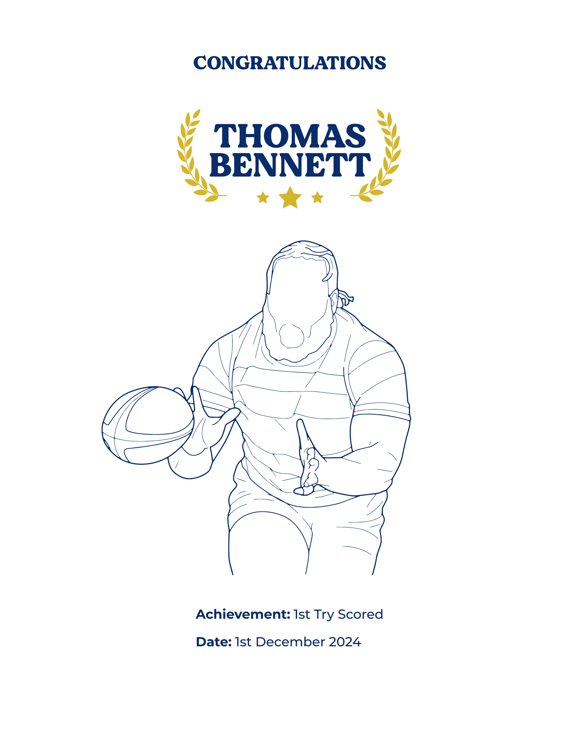 Personalised sports achievement certificate with a rugby player design on a white background showcasing a TeeMemento product