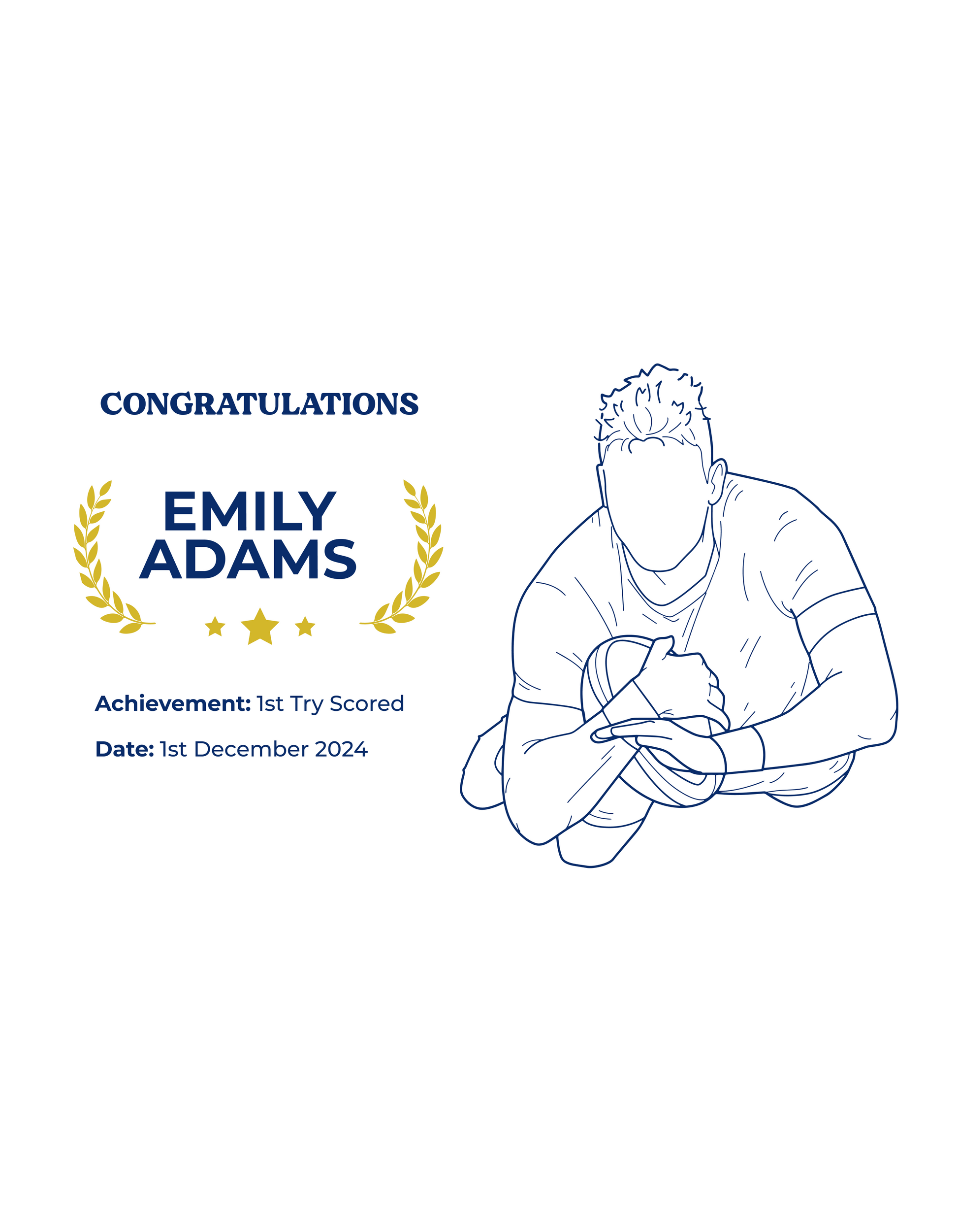  celebratory card with a line drawing of a person holding a trophy, text congratulating Emily Adams on scoring her first try showcasing a TeeMemento product