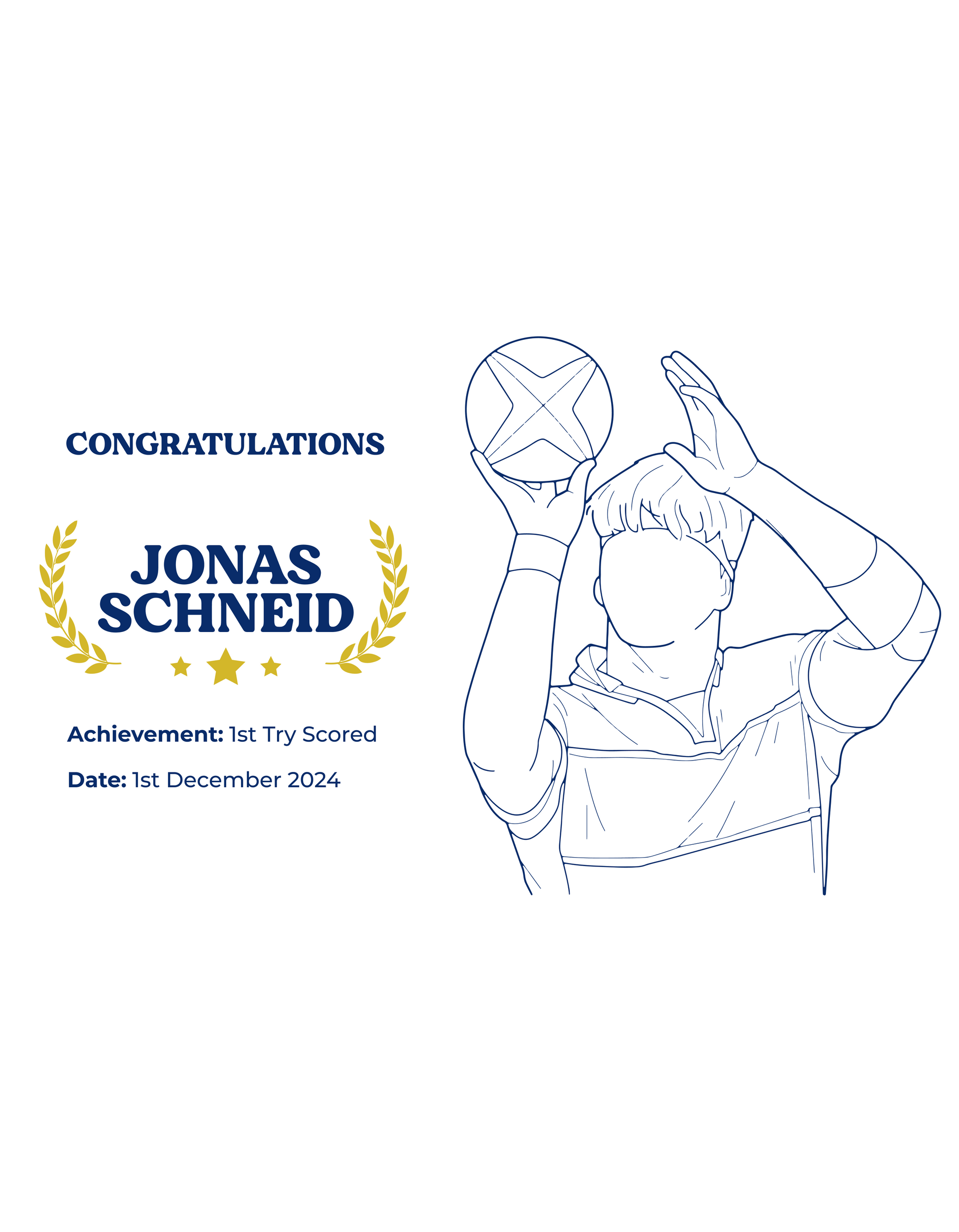 Congratulations card for Jonas Schneid with a line drawing of a rugby player and text on a white background showcasing a TeeMemento product