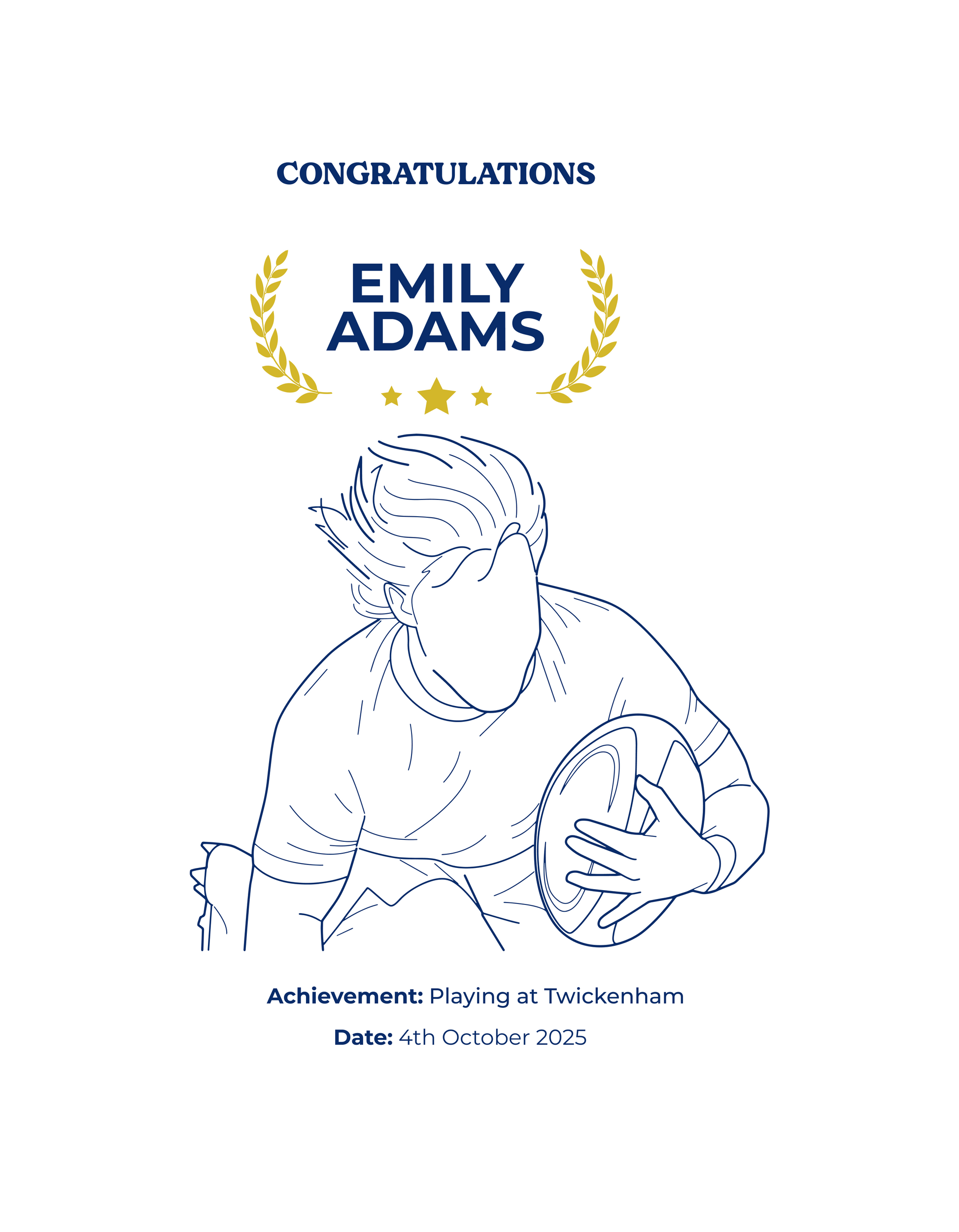 Congratulations card for Emily Adams playing at Twickenham with a line drawing of a person holding a rugby ball showcasing a TeeMemento product