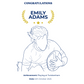 Congratulations card for Emily Adams playing at Twickenham with a line drawing of a person holding a rugby ball showcasing a TeeMemento product