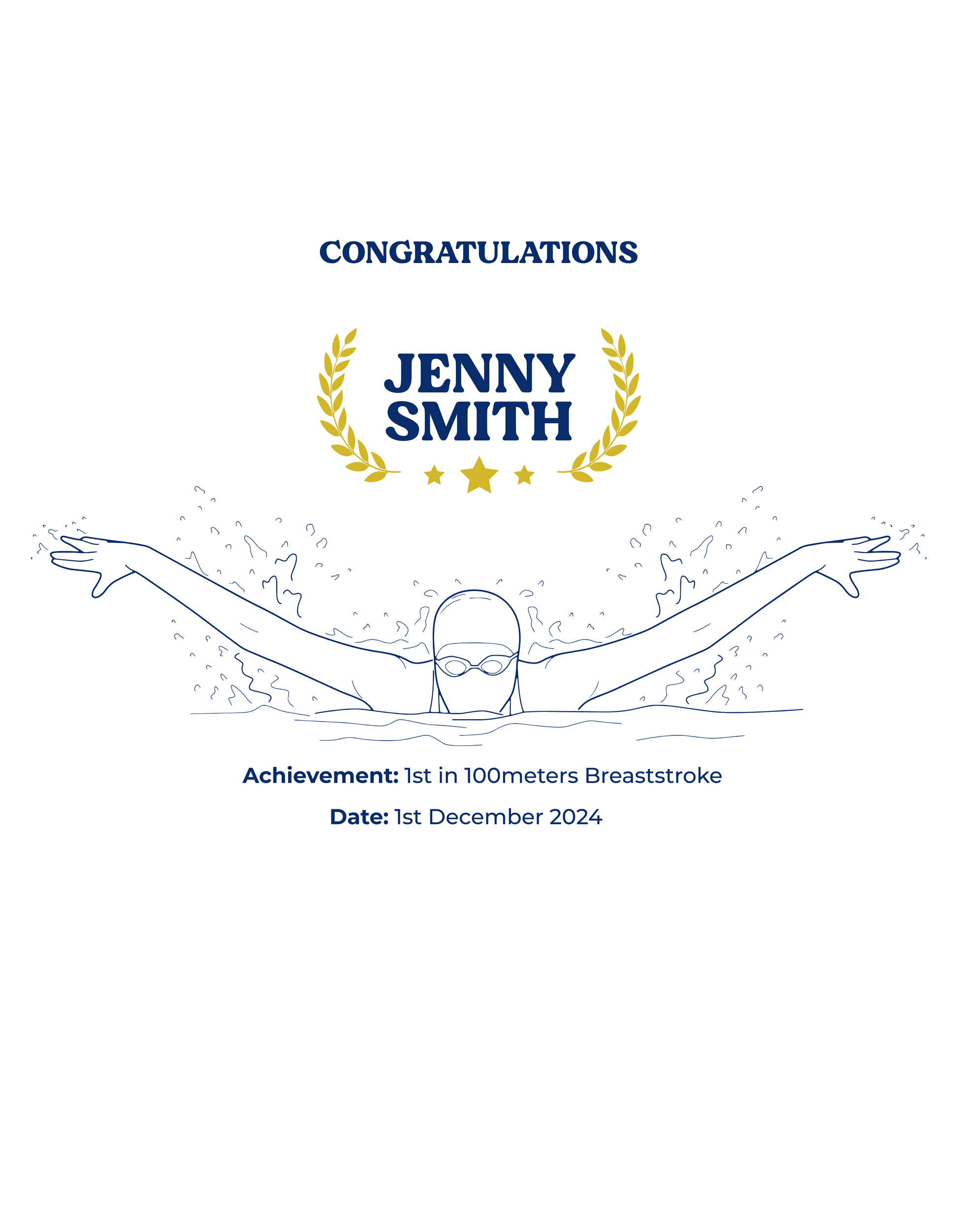 Congratulations card for Jenny Smith with a swimmer illustration and text on a white background showcasing a TeeMemento product