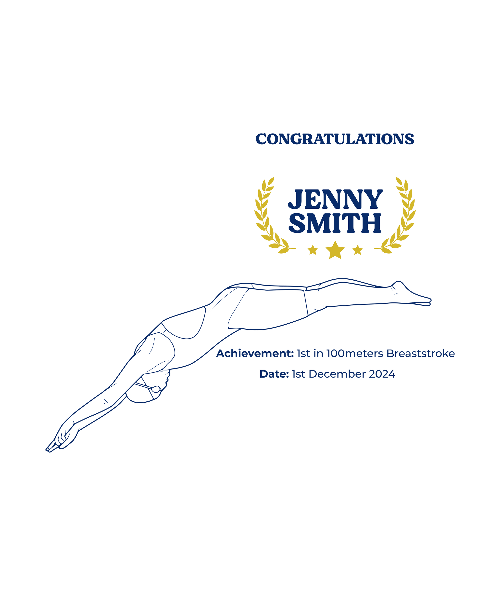 Congratulations card for Jenny Smith with a swimmer outline and text on a white background showcasing a TeeMemento product