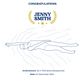 Certificate with swimmer's outline, laurel wreath, and text congratulating Jenny Smith on a swimming achievement showcasing a TeeMemento product