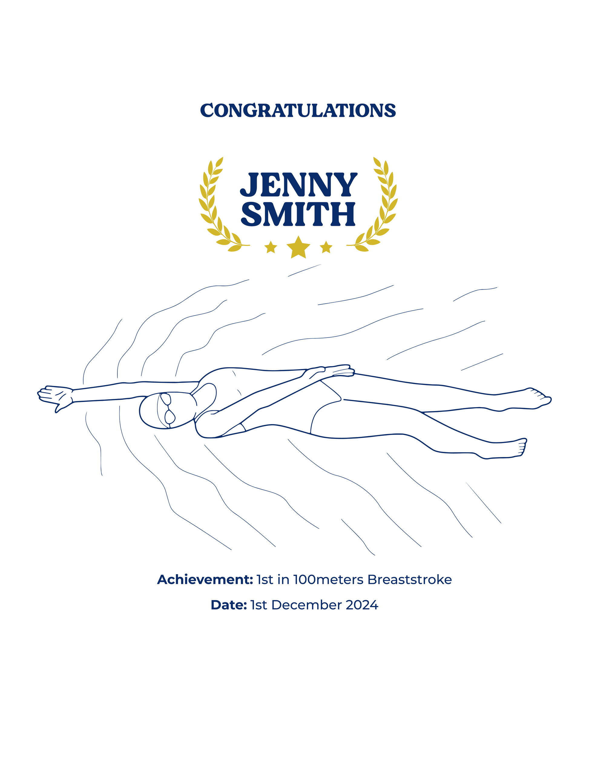 Certificate with swimmer's outline, laurel wreath, and text on a white background showcasing a TeeMemento product