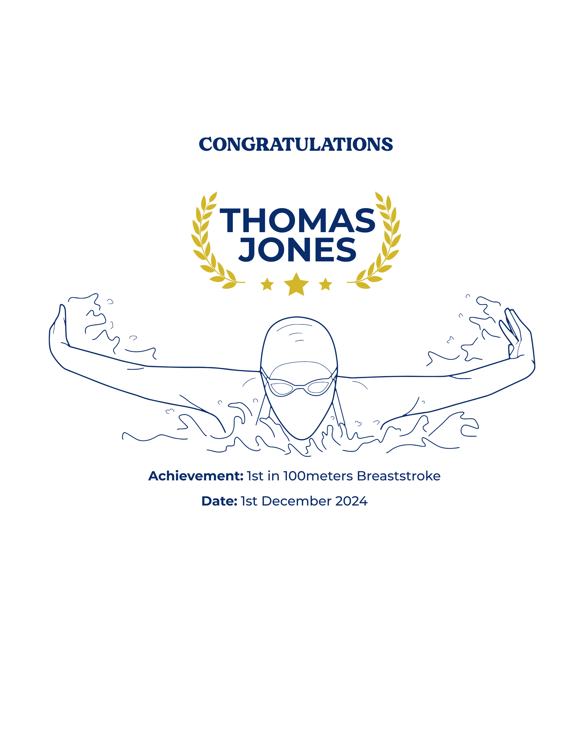 Congratulations card for Thomas Jones with a swimmer illustration and text on a white background showcasing a TeeMemento product