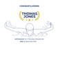 Congratulations card for Thomas Jones with a swimmer illustration and achievement details showcasing a TeeMemento product