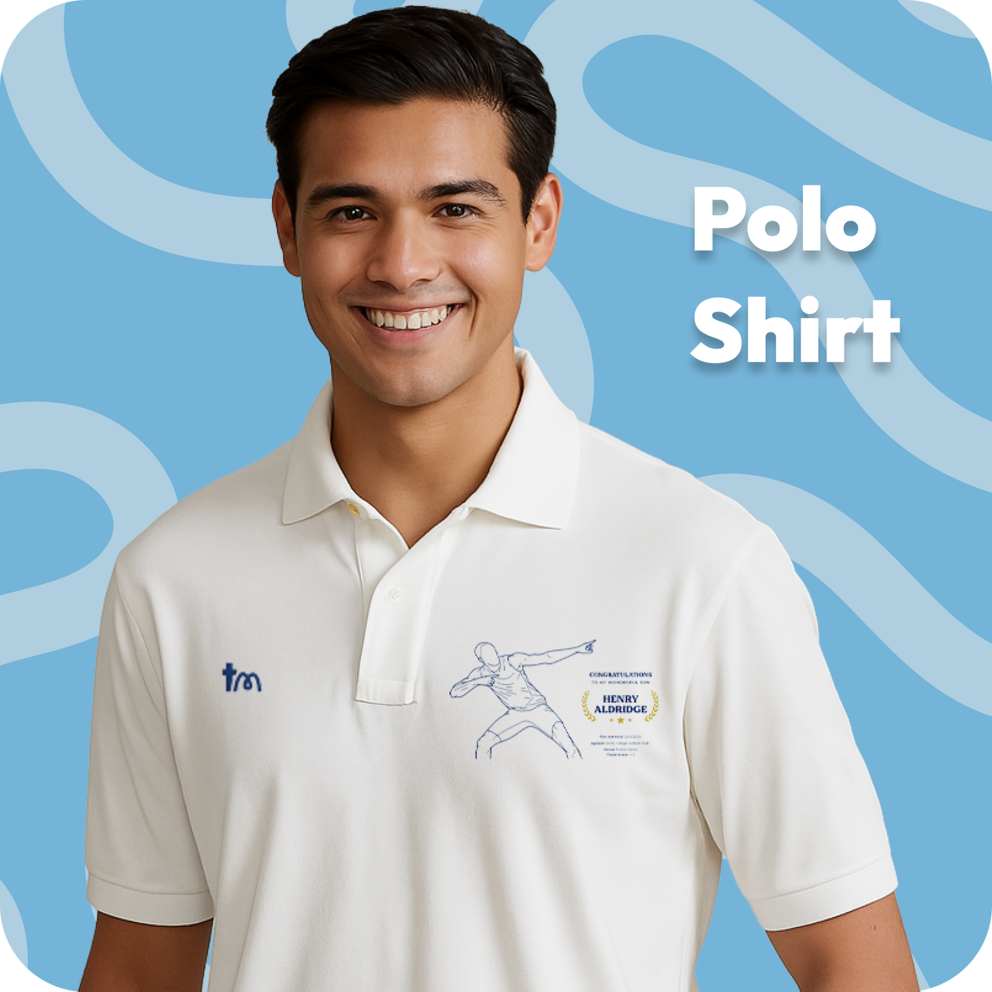 Man wearing a white polo shirt with logos on a blue background celebrated with TeeMemento, showcasing one of the brilliant designs