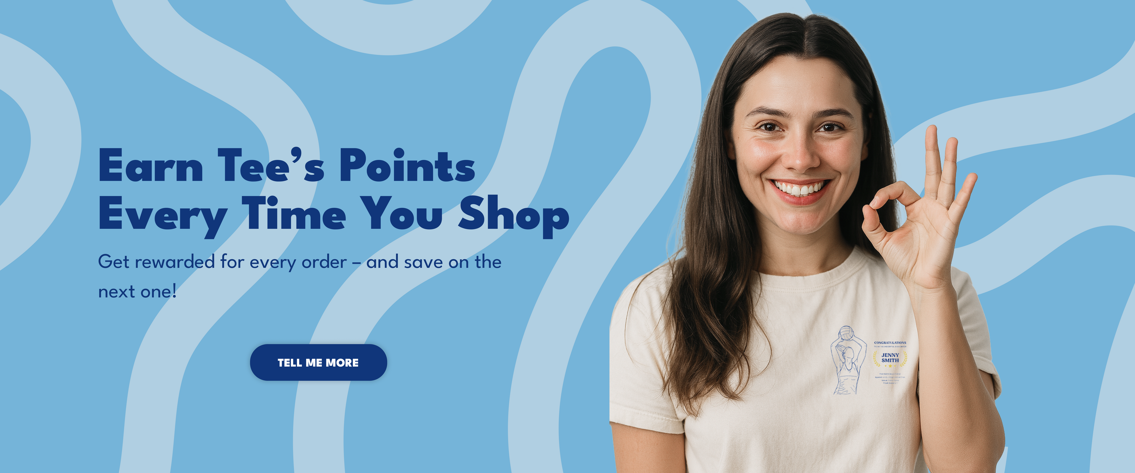 Woman making an 'OK' sign with text about earning points on a blue background