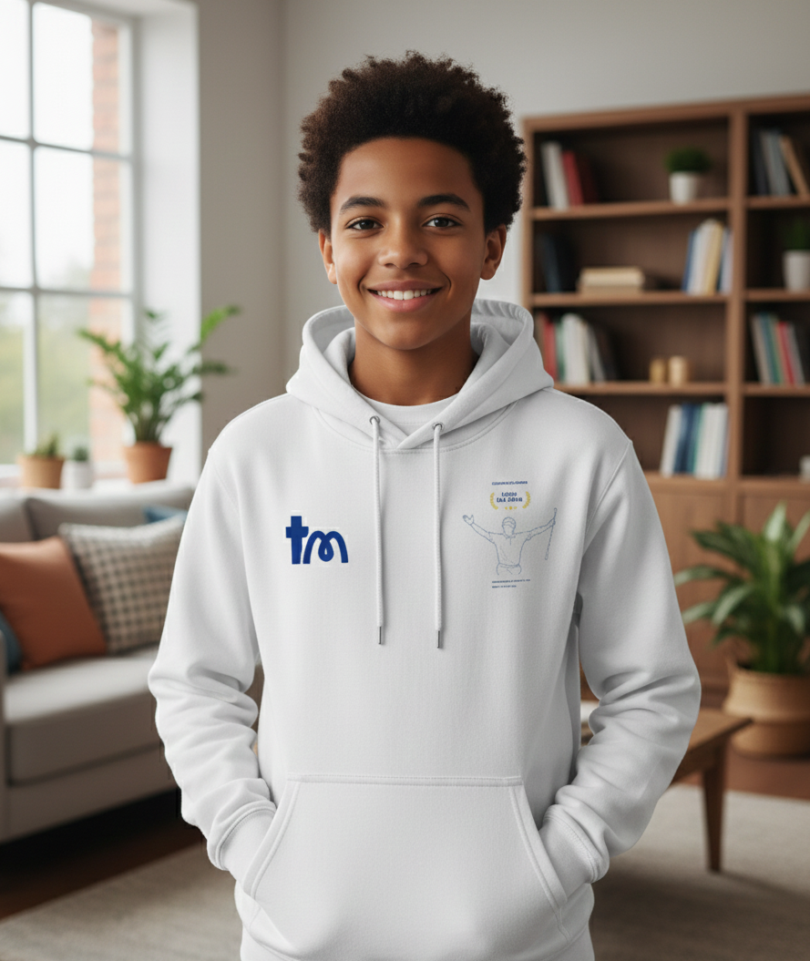 Person wearing a white hoodie with a logo in a living room setting wearing a teememento hoodie