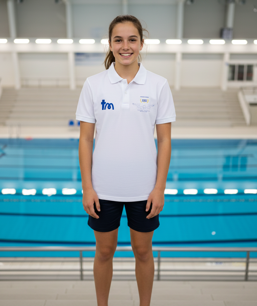 Person wearing a white polo shirt with logos in front of an indoor swimming pool wearing a teememento polo shirt