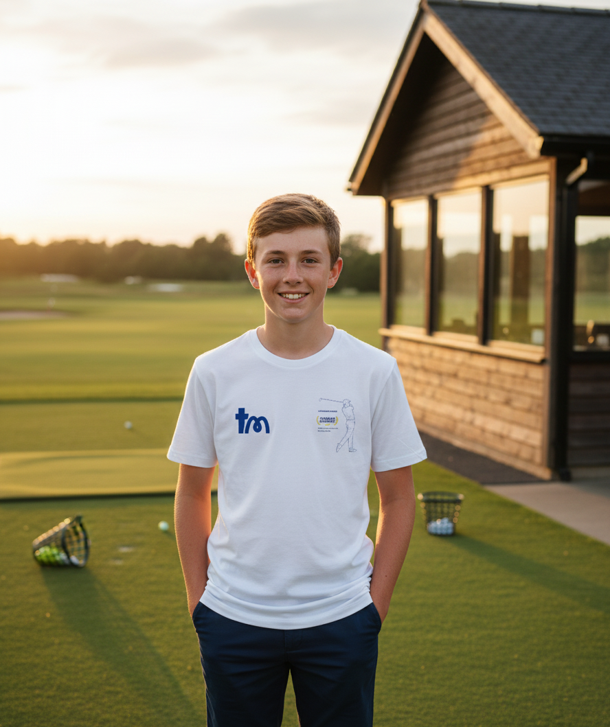 Person wearing a white t-shirt with a logo on a golf course wearing a teememento t-shirt