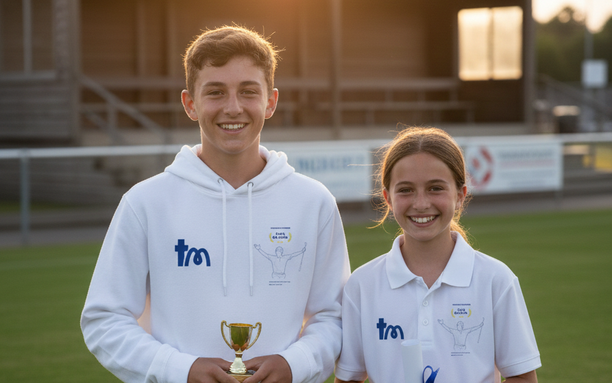 Two people standing on a sports field, one holding a trophy, with 'TM' branding visible and wearing a teememento t-shirt and hoodie