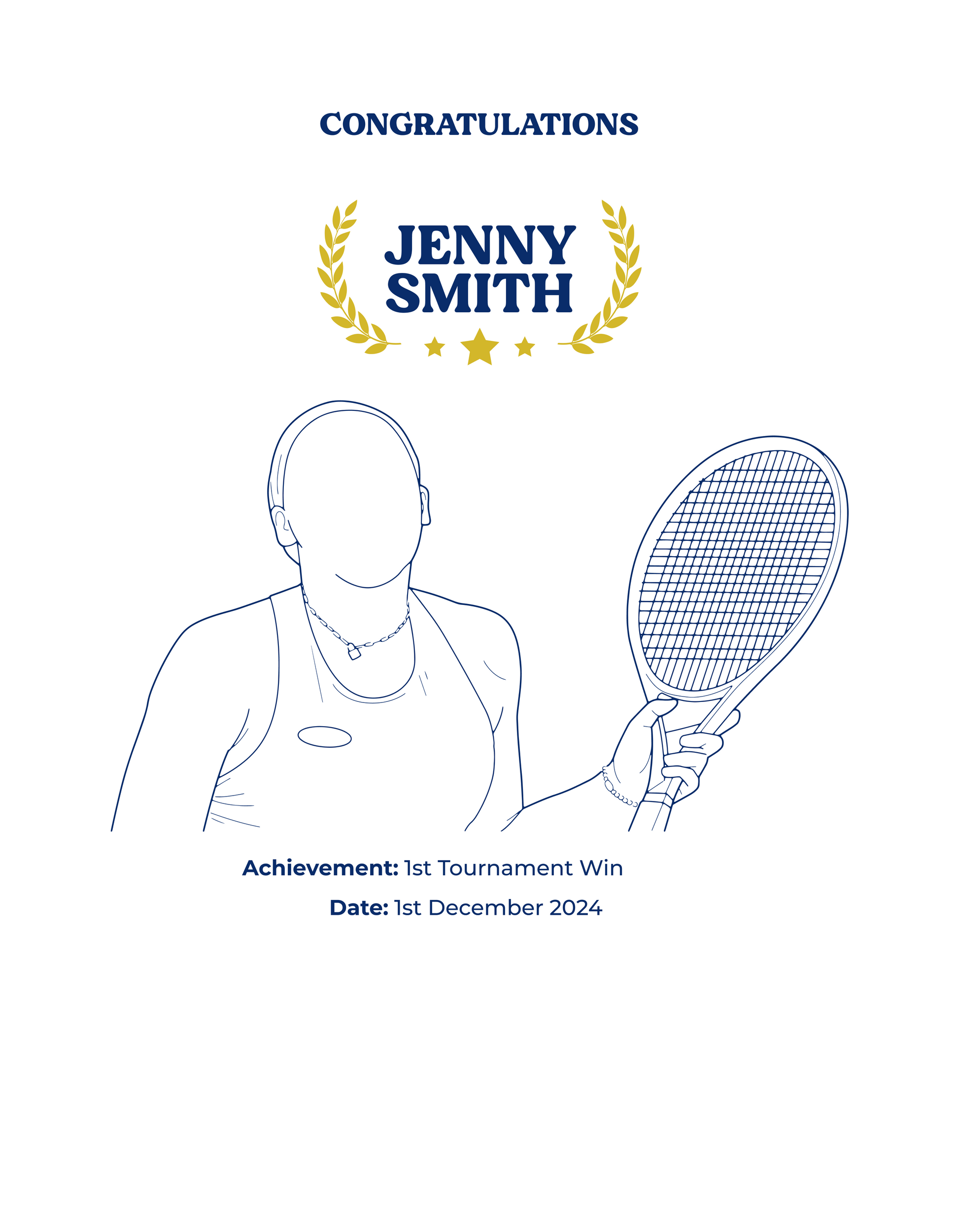 Certificate template for a tennis player's first tournament win with a line drawing of a person holding a racket showcasing a TeeMemento product