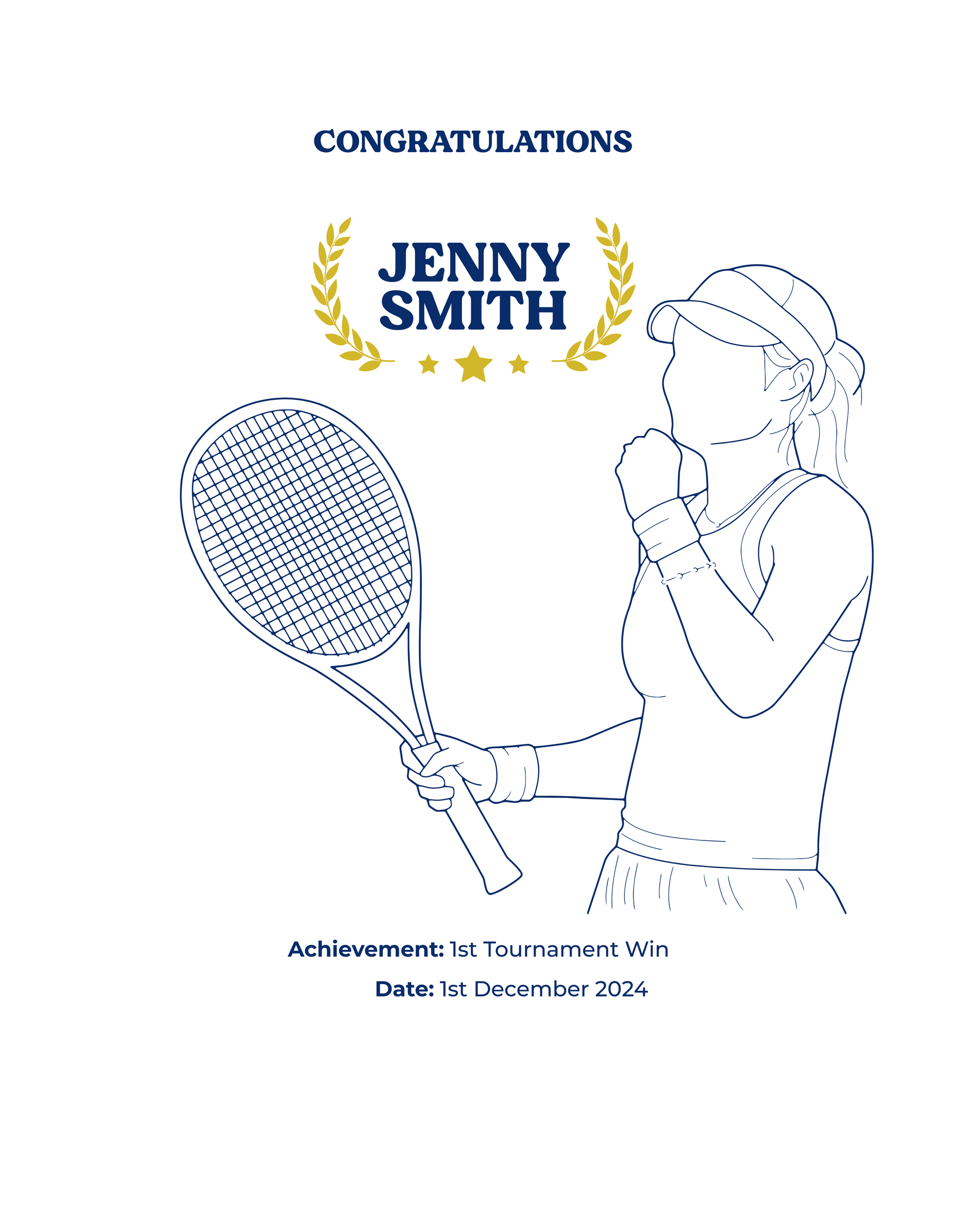 Tennis-themed congratulatory card with a player holding a racket and 'Congratulations Jenny Smith' text showcasing a TeeMemento product