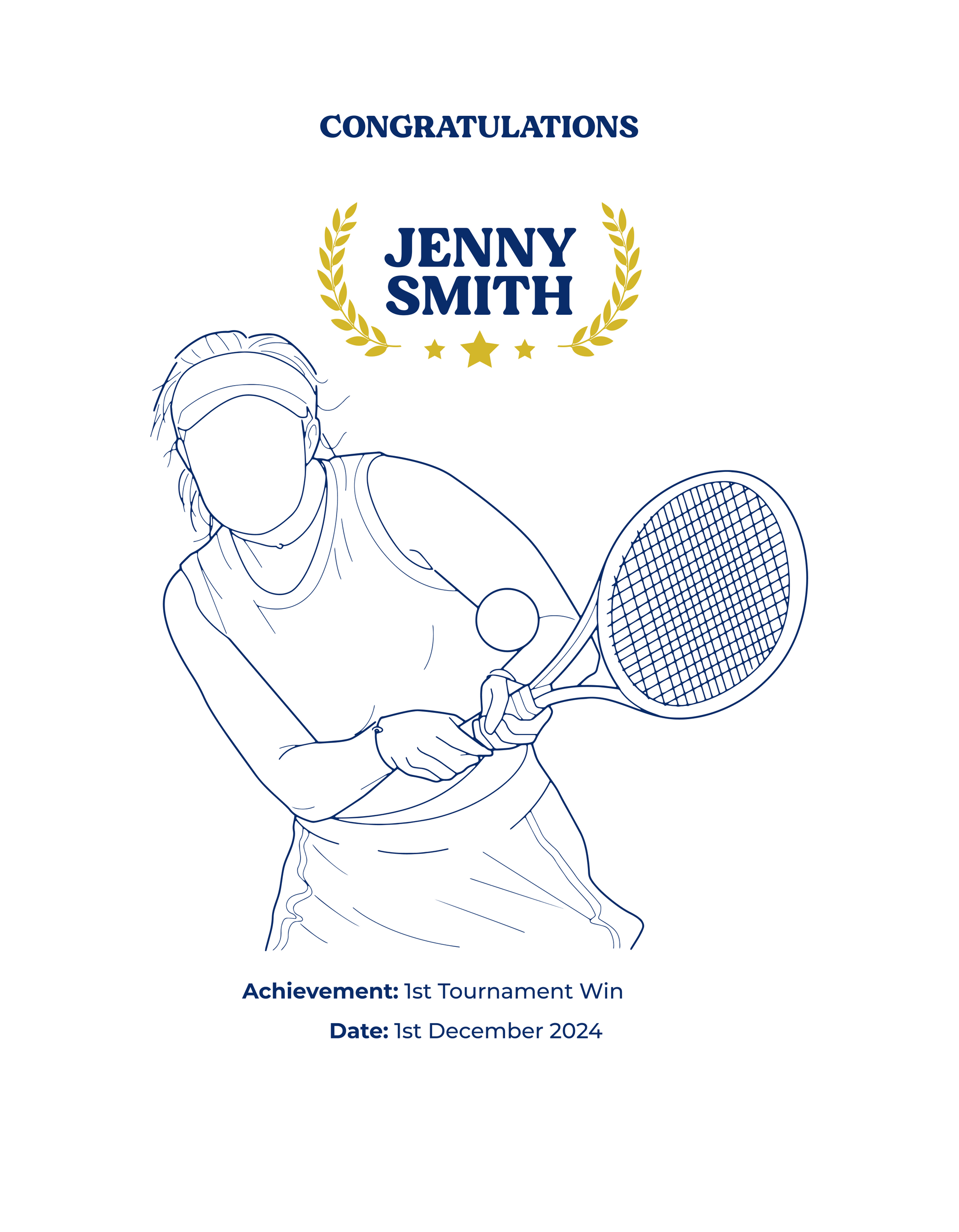 Tennis-themed congratulatory card with a player holding a racket, featuring the name Jenny Smith and a date placeholder showcasing a TeeMemento product