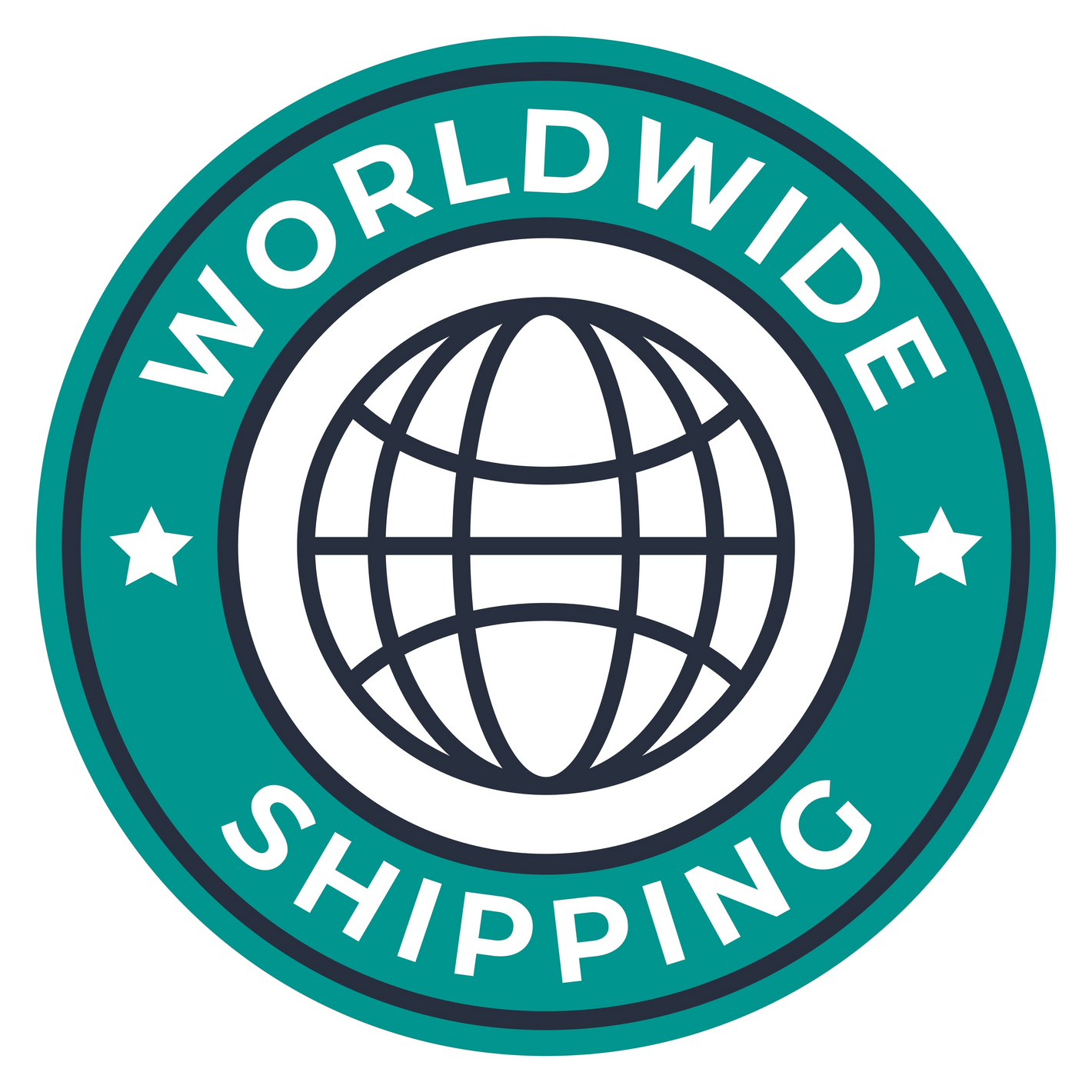 Logo for worldwide shipping with a globe and stars on a teal background
